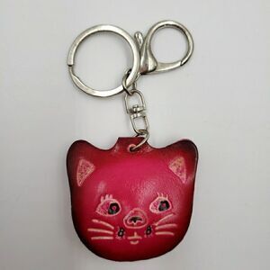 Hot Pink Cat Face Keychain Handmade Leather Kawaii Accessory Bag Charm Keyring